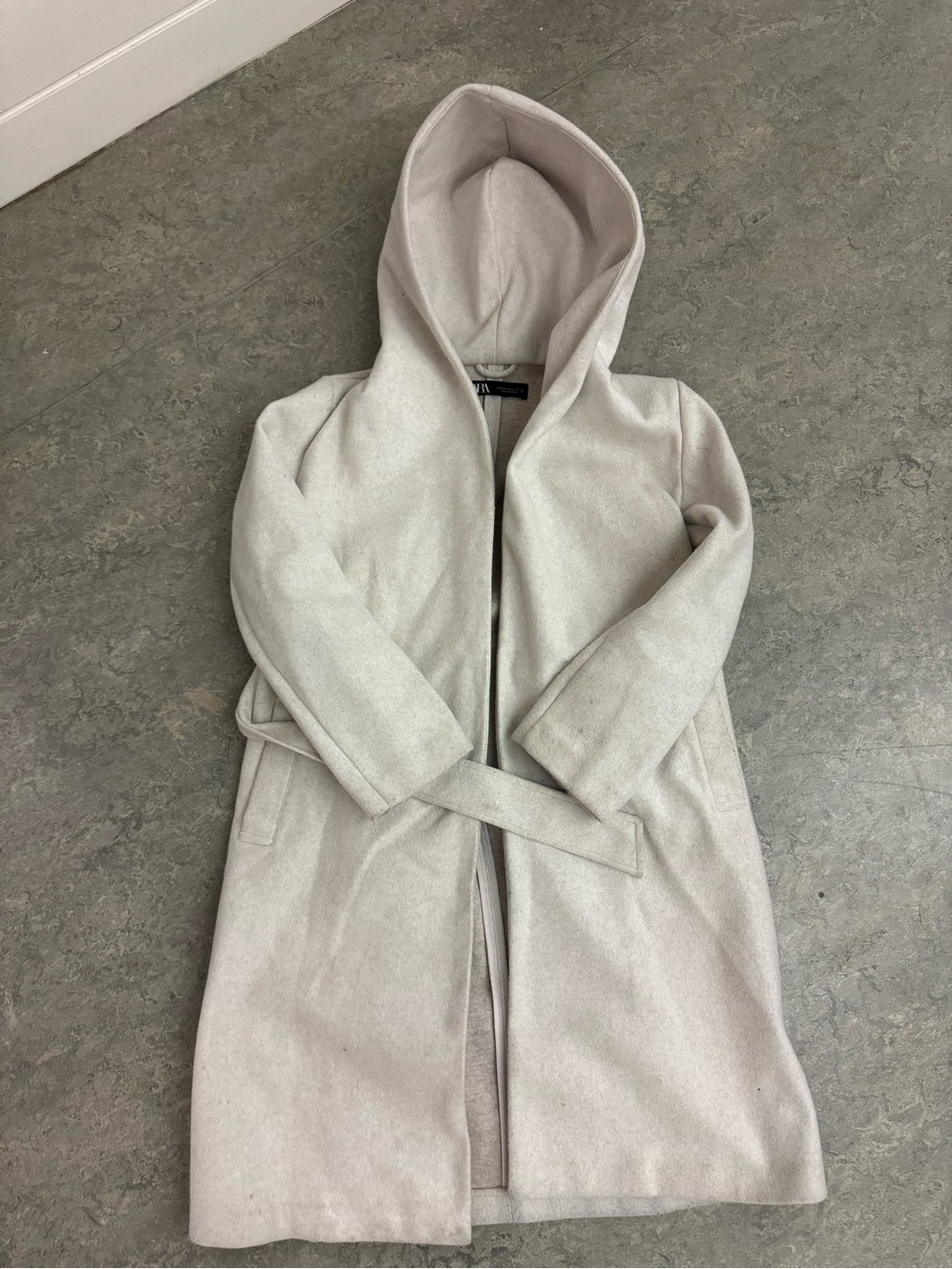 Zara Hooded Wool-Blend Belted Coat in Light Cream XS